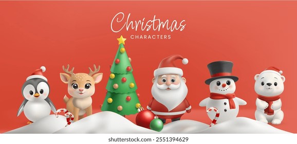 A 3D cute Christmas characters, including Santa Claus, a snowman, reindeer, penguin, and polar bear, all in festive red and white. Christmas tree, snow. Cartoon style, smiling, holiday icons. Not AI.