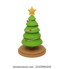 3d süß Weihnachten dekoriert Kiefer Baum auf einem Podium. Neujahrsbaum mit roten Bällen und goldenem Stern oben, einzeln auf weißem Hintergrund. 3d gerenderte Weihnachtsbaum-Symbol. Vektorgrafik