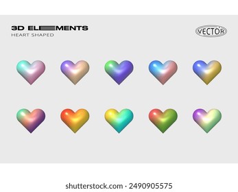 3D cute chubby colorful gradient heart icon set. 