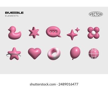 Icono de burbuja rosa gordito 3D conjunto de Elementos. Icono social, burbuja de discurso, red, estrella, flor, en forma de corazón, ícono de pato, globo, donut.