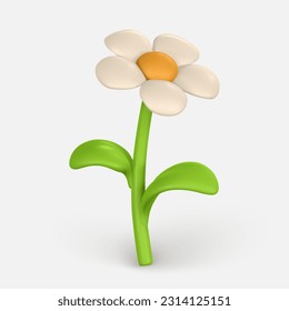 3D Cute colorful daisy flower. Chamomile in cartoon style. Vector illustration.