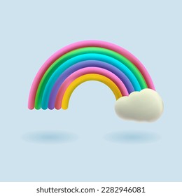 3d cute colorful rainbow with cloud. Vector funny baby illustration. Fantasy render design