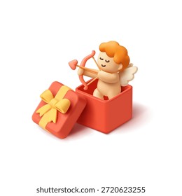 3D cute cupid inside a red gift box shooting a bow. Minimalistic icon on a white background. Symbol of love, gifts, congratulations. Vector illustration.