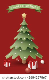 Árbol de Navidad decorado lindo 3D y cajas de regalo con la caligrafía de las Navidades felices en la cinta verde en la ilustración gráfica del fondo de la Vertical.
