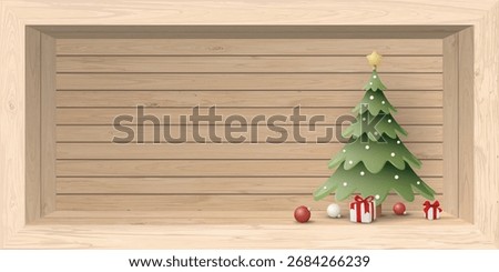 3D cute decorated Christmas tree and elements in whitewashed wooden rectangle box have space for placing products presentation graphic illustration. 