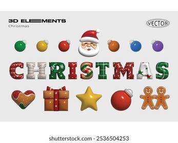 3D cute design Christmas element vector collection.