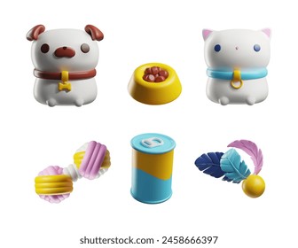 3d cute dog and cat, feed pet bowl and metal can, massage ball render icon set. Cartoon pet toys, accessories and food, entertainment items realistic vector illustration isolated