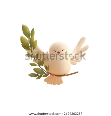 3D cute dove character flying with an olive branch. For religious concepts, celebrations. Symbol of peace and hope. Vector illustration.