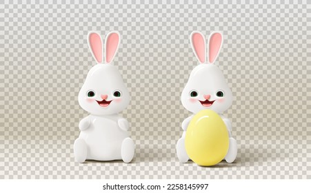 3d cute Easter bunnies. Vector illustration with 3d porcelain white rabbits for decoration Easter events. Spring holiday symbols isolated on checkered background.