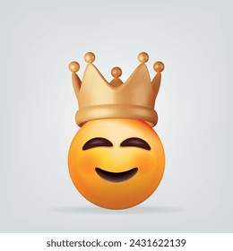 3D Cute Emoji Face with Golden Crown. Render Smile and Gold Crown Symbol. Emoticon for VIP, Rich, Winner Luxury Premium Success. Customer Feedback Rating or Status Signs. Realistic Vector Illustration