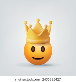 Cara de emoji lindo 3D con corona de oro. Render sonrisa y símbolo de corona de oro. Emoticono para VIP, Rich, Winner Luxury Premium Success. Señales de estado o valoración de votos del cliente. Ilustración vectorial realista