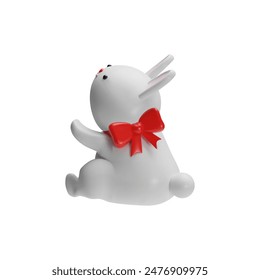 3d Cute fluffy rabbit with a red big bow sits sideways and pulls its paws up. Valentine's day or birthday concept. Vector illustration isolated on white background.