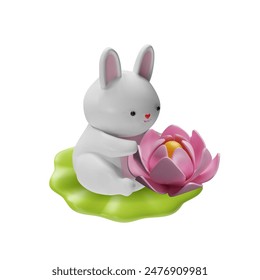 3d Cute fluffy rabbit sits on a large pink water lily. Happy animal smiles and clasps the flower with its paws. Mid-Autumn Festival. Eastern holiday. Vector illustration isolated on white background.