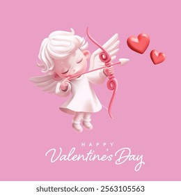 3D cute flying cupid character with bow and arrow. For Valentine's Day, love, wedding greetings concepts. Cupid with wings on a pink background. Vector