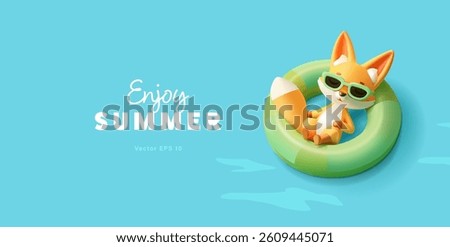 3D cute fox character in sunglasses lying on an inflatable pool float. Enjoying summer. Modern banner vector illustration.