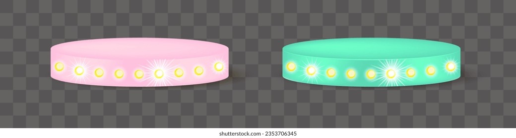 3d cute girly light bulb podium stage in pink and green. Beauty makeup pastel platform design template for advertising. Grand casino floor with lightbulb for studio illustration. Dance disco stand