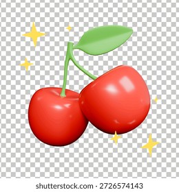 Fruta de cereja vermelha brilhante 3D bonito com estrelas cintilantes para tema romântico e sobremesa doce