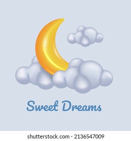 3D cute golden moon crescent toy with cloud concept for sweet dream lullaby