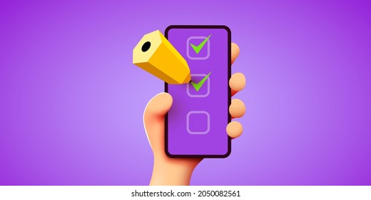 3d cute Hand holds smartphone with checklist or wishlist and pencil. Planning concept. Vector illustration