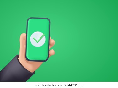 3d cute Hand holds smartphone and set a check mark on the screen. Vector illustration. Green check mark icon. Tick symbol in green color. Modern mockup. Vector illustration 3D icon free to edit.