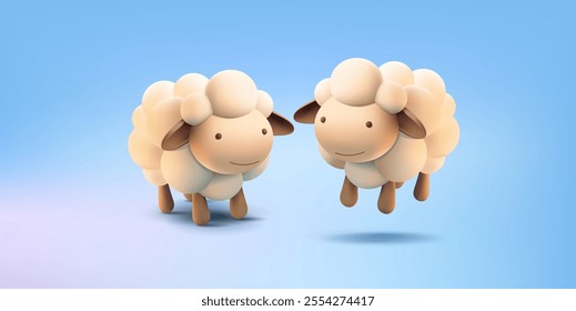 3D cute happy characters sheep, jumping and standing, 3D. Modern banner for agriculture, natural wool concepts. Vector illustration.