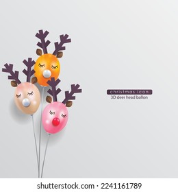 3D cute icon of christmas. Creative Deer head ballon style. Vector illustration