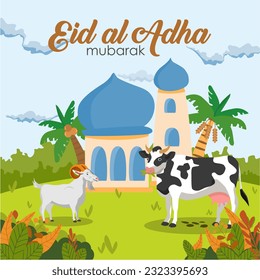 3d cute Islamic banner, suitable for Eid al adha, Ramadan, Eid al Fitr, islamic new year. Design with cute cow, goat, mosque and leaves. Eid al Adha mubarak vector banner. 