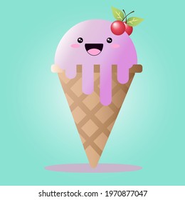 3D Cute Kawaii Cone Ice Cream Vector Illustration Design With Cute Face Cartoon Character 