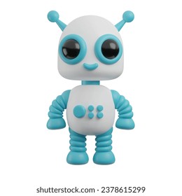 3D cute little baby robot. Realistic plastic material robot character with smile, big eyes and buttons. Isolated vector illustration for mascot, kids toy.