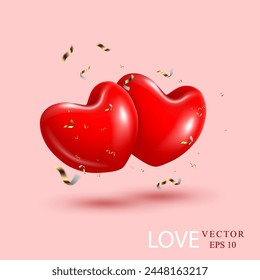 3d lindo rojo encantador dos corazones volando en el fondo de color rosa claro. se utiliza para el fondo de la celebración del día de san valentín y diseño de tarjeta de felicitación. Anuncio romántico abstracto de la Ilustración vectorial. 