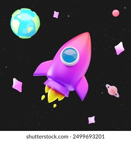 3d cute minimalist rocket with gradient effect with planet earth, saturn, stars on space background. 3d vector illustration