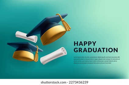 3d cute mortarboard for graduation cap graduate with certificate roll education with tosca background element