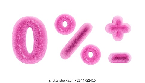 3D cute number 0, plus, minus, percent sign. Set of fluffy fuzzy pink numbers for birthdays, bonuses, New Year, and promotions. Vector illustration in rose tones.