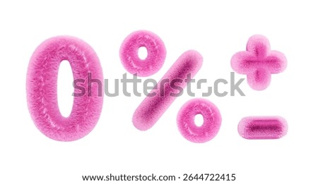 3D cute number 0, plus, minus, percent sign. Set of fluffy fuzzy pink numbers for birthdays, bonuses, New Year, and promotions. Vector illustration in rose tones.