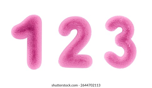3D cute numbers 1, 2, 3 Set of fluffy fuzzy pink numbers for birthdays, bonuses, New Year, and promotions. Vector illustration in rose tones.