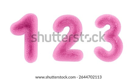 3D cute numbers 1, 2, 3 Set of fluffy fuzzy pink numbers for birthdays, bonuses, New Year, and promotions. Vector illustration in rose tones.