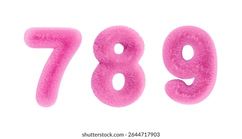 3D cute numbers 7, 8, 9 Set of fluffy fuzzy pink numbers for birthdays, bonuses, New Year, and promotions. Vector illustration in rose tones.
