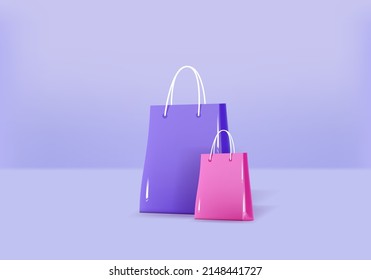 Bolsas de papel 3D sobre fondo azul. Concepto de compras en línea. 3d ilustración de representación.