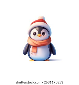 3D cute penguin character in a Christmas hat and scarf. Realistic image of a little penguin for celebration, winter, greeting concepts. Vector illustration.
