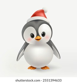 A 3D cute penguin character wearing a red Christmas hat, standing in isolated. This illustration combines winter fun, wildlife charm, and festive holiday vibes. Not AI.