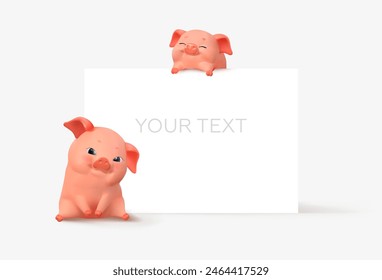 3d cute piglets with white background for title and text. White banner. Cartoon boars or pig. Vector illustration.