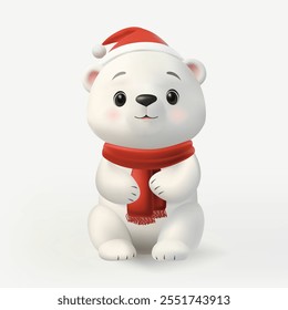 A 3D cute polar bear character in a Santa hat smiling joyfully. This cartoon style illustration radiates winter cheer, holiday spirit, and festive charm. Not AI.