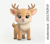 A 3D cute reindeer character with a pink nose, standing and smiling. Designed in a cartoon style, perfect for Christmas, banners, cards, winter decorations, posters, and holiday fliers. Not AI.