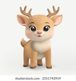 A 3D cute reindeer character with a pink nose, standing and smiling. Designed in a cartoon style, perfect for Christmas, banners, cards, winter decorations, posters, and holiday fliers. Not AI.