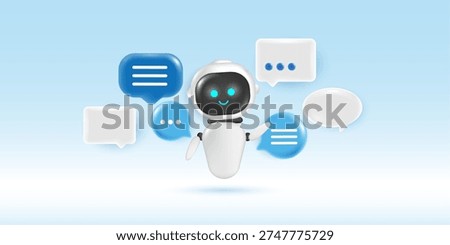 3D cute robot assistant with generative AI button and floating document pages. Vector illustration of AI chatbot character creating content on blue background. Concept for automated copywriting, smart technology, and modern UI design. vector design.