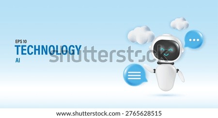 3D cute robot assistant with generative AI button and floating document pages. Vector illustration of AI chatbot character creating content on blue background. Concept for automated copywriting, smart technology, and modern UI design. vector design.