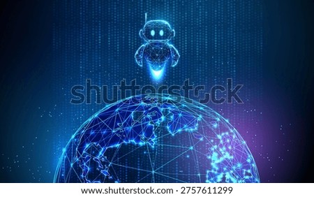 3d cute robot flying upward from Earth within vertical stream of data points. AI-driven global analytics, planetary data processing, intelligent system deployment concept. Futuristic digital. Vector.