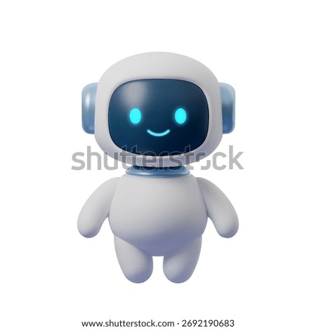 3D cute robot mascot with glowing face, smiling AI assistant. Futuristic cartoon bot isolated on white, digital illustration for technology, innovation and modern design