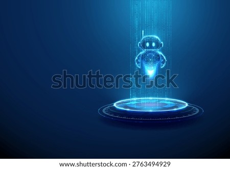 3d cute robot on futuristic podium within vertical stream of data points. AI data processing, machine learning training, neural network learning, smart analytics platform concept. Dgital style. Vector