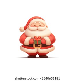 3D cute Santa character with a gift in hands. Festive character for design concepts of Winter Holidays, Merry Christmas. Vector illustration.
